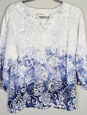 Alfred Dunner 1X Blue White Floral Ombre Embellished 3/4 Sleeve Knit Top